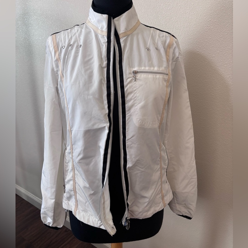 White Zip Front Jacket with Beige Piping and Chest Pocket